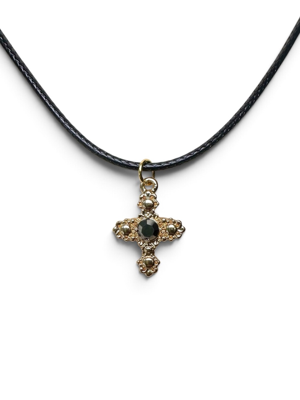 💛 Delicate Ornate Gold Tone Cross Pendant on Black Cord